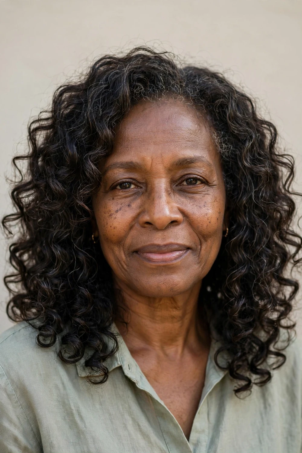 Senior woman with defined shoulder-length curly hair