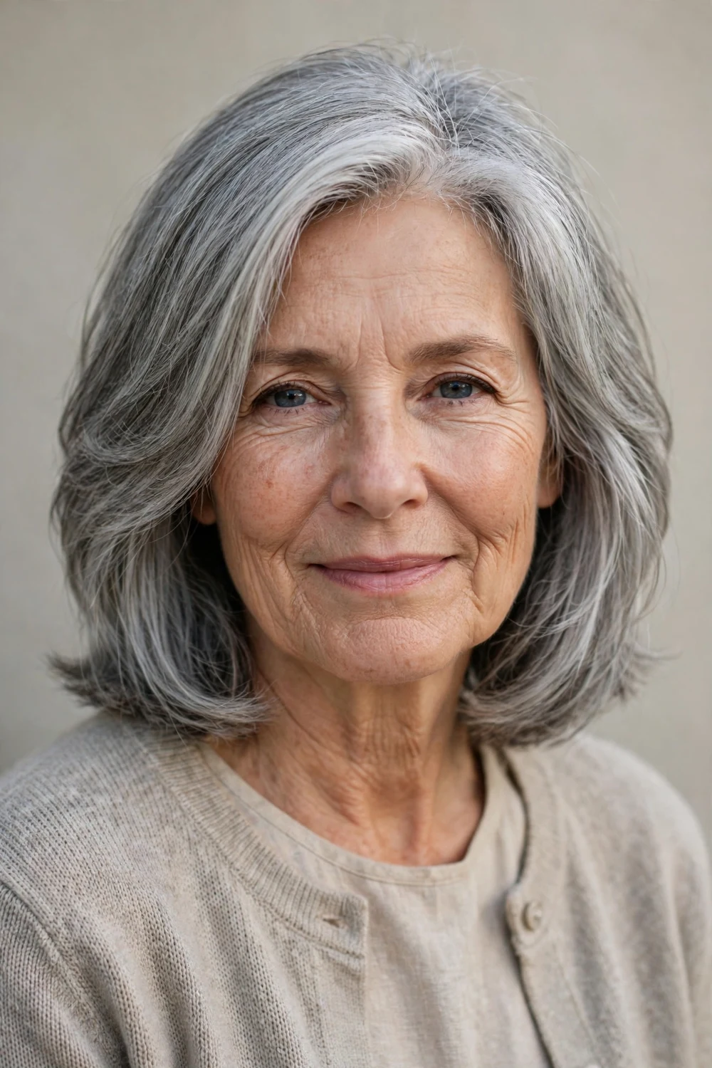 Woman in her 60s with silver-blended medium length hair
