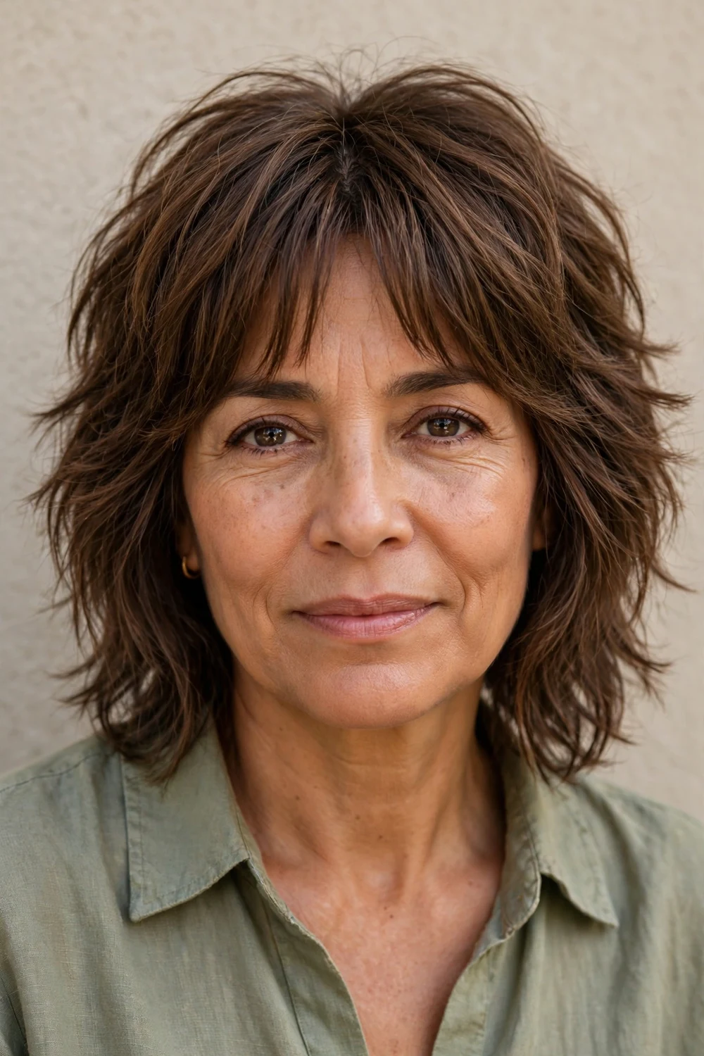 Older woman with a soft shaggy medium haircut and curtain bangs