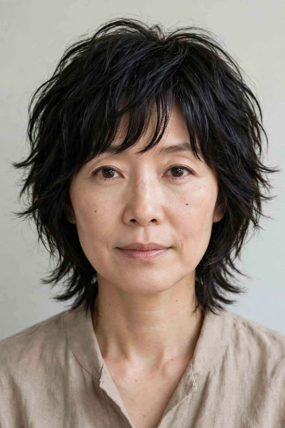 Woman with a medium shag haircut and arched bangs