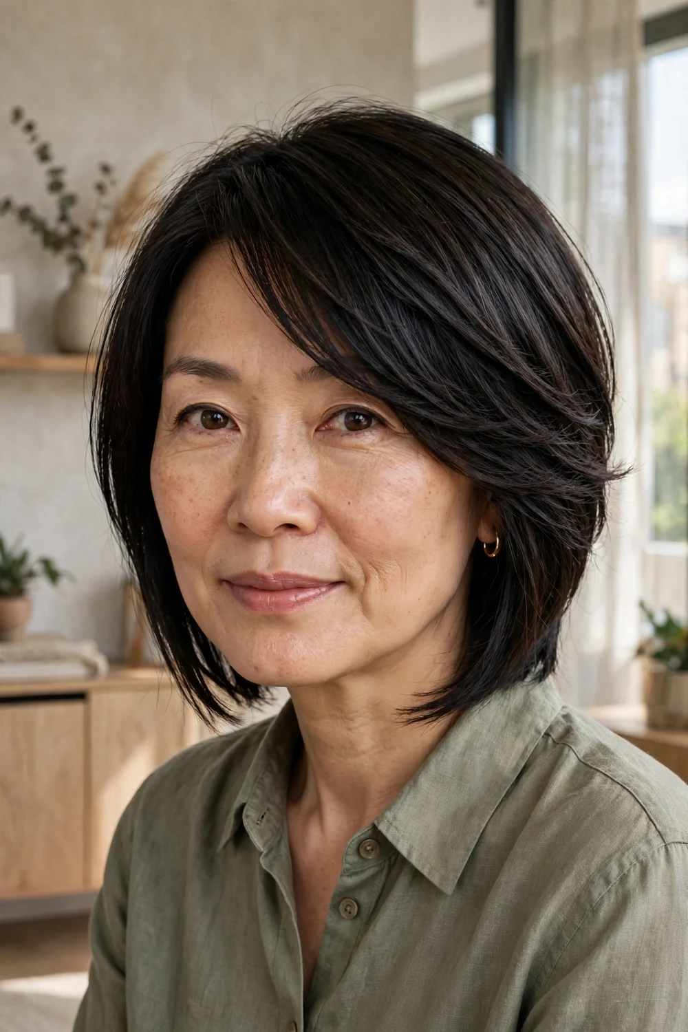 Woman with an angled lob and asymmetrical side bangs