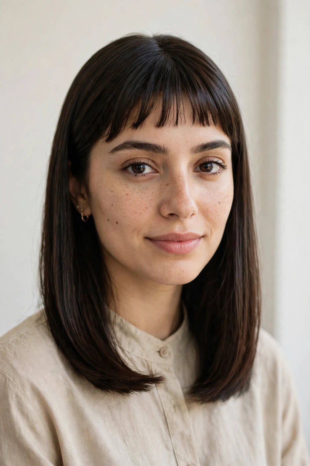 Woman with straight medium hair and short baby bangs