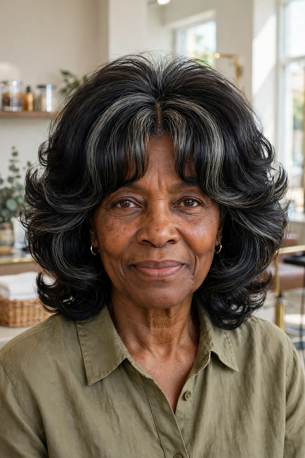 Woman with a voluminous blowout lob and Bardot-style parted bangs