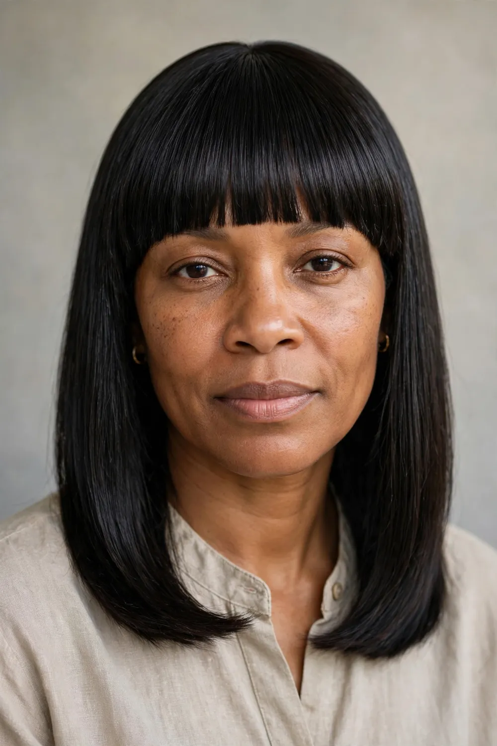 Woman with sleek collarbone-length hair and thick blunt bangs
