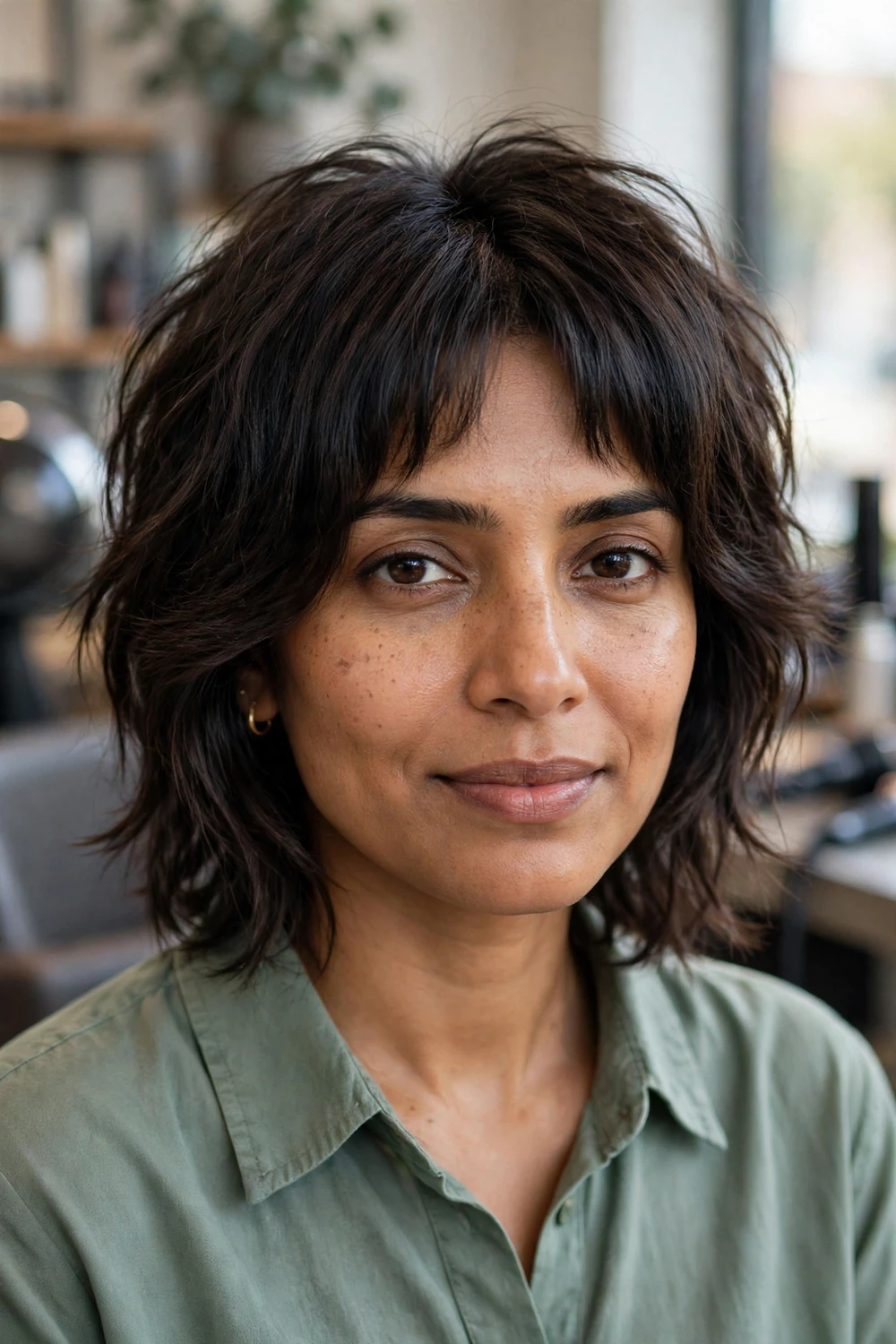 Woman with a choppy lob and bottleneck bangs
