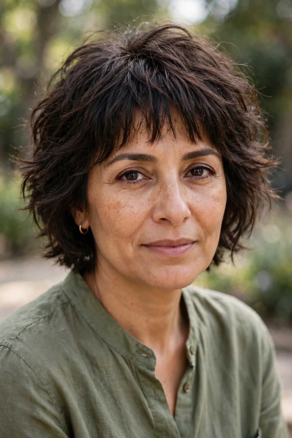 Woman with a messy lob and choppy textured bangs