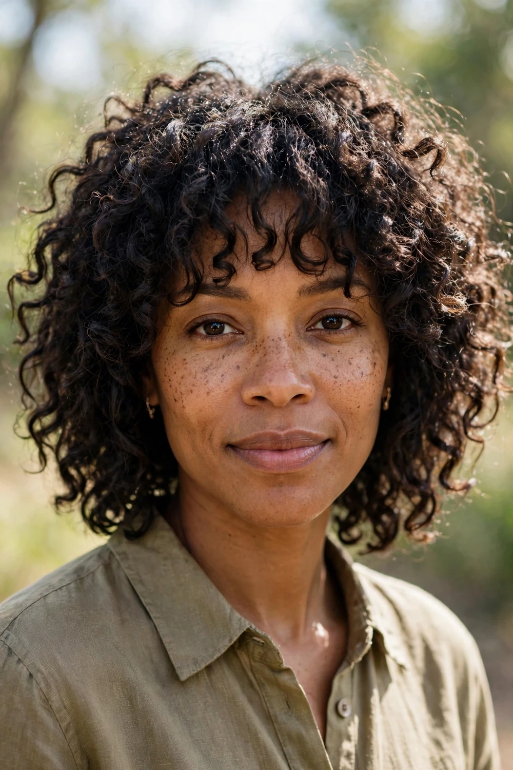 Woman with a curly medium shag and curly bangs