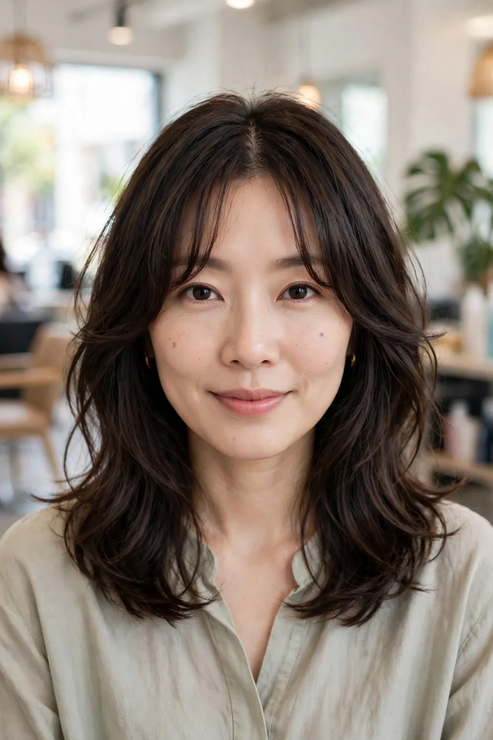 Woman with a layered lob haircut and center-parted curtain bangs