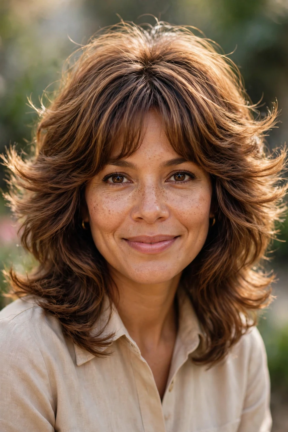 Woman with 70s-inspired medium layers and feathered bangs