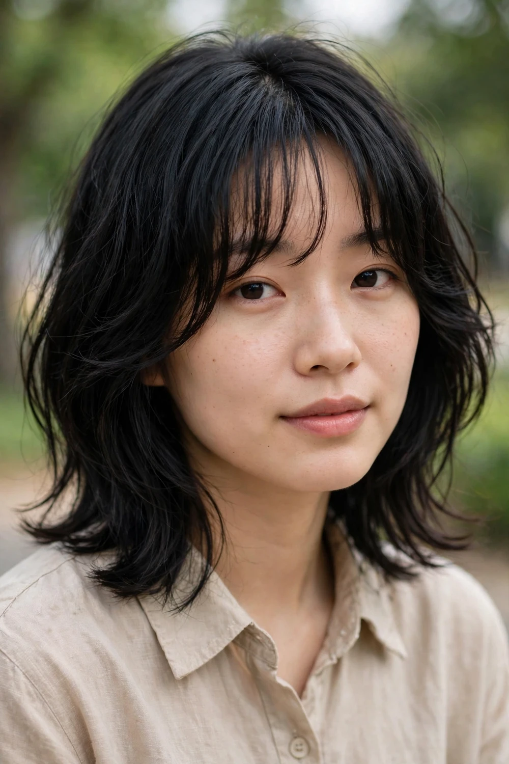 Woman with an easy lob and grown-out curtain bangs