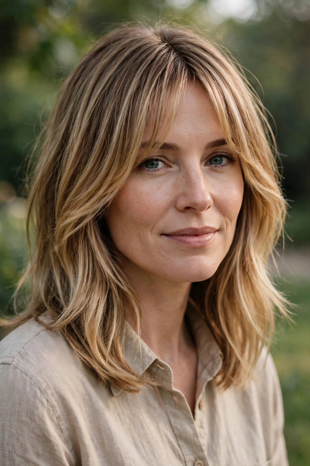 Woman with medium hair, long curtain fringe and face-framing layers