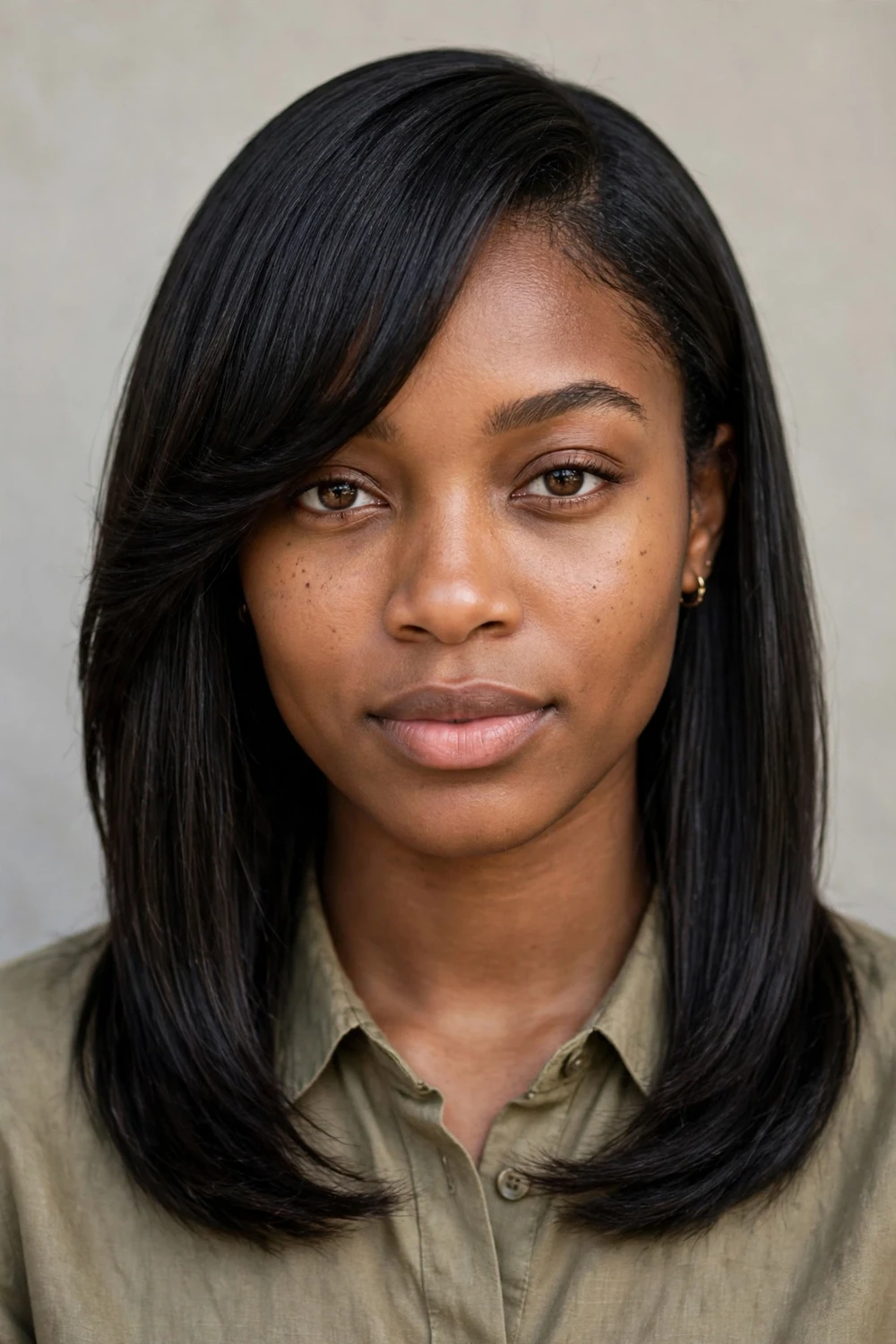 Woman with sleek straight medium hair and long side-parted bangs