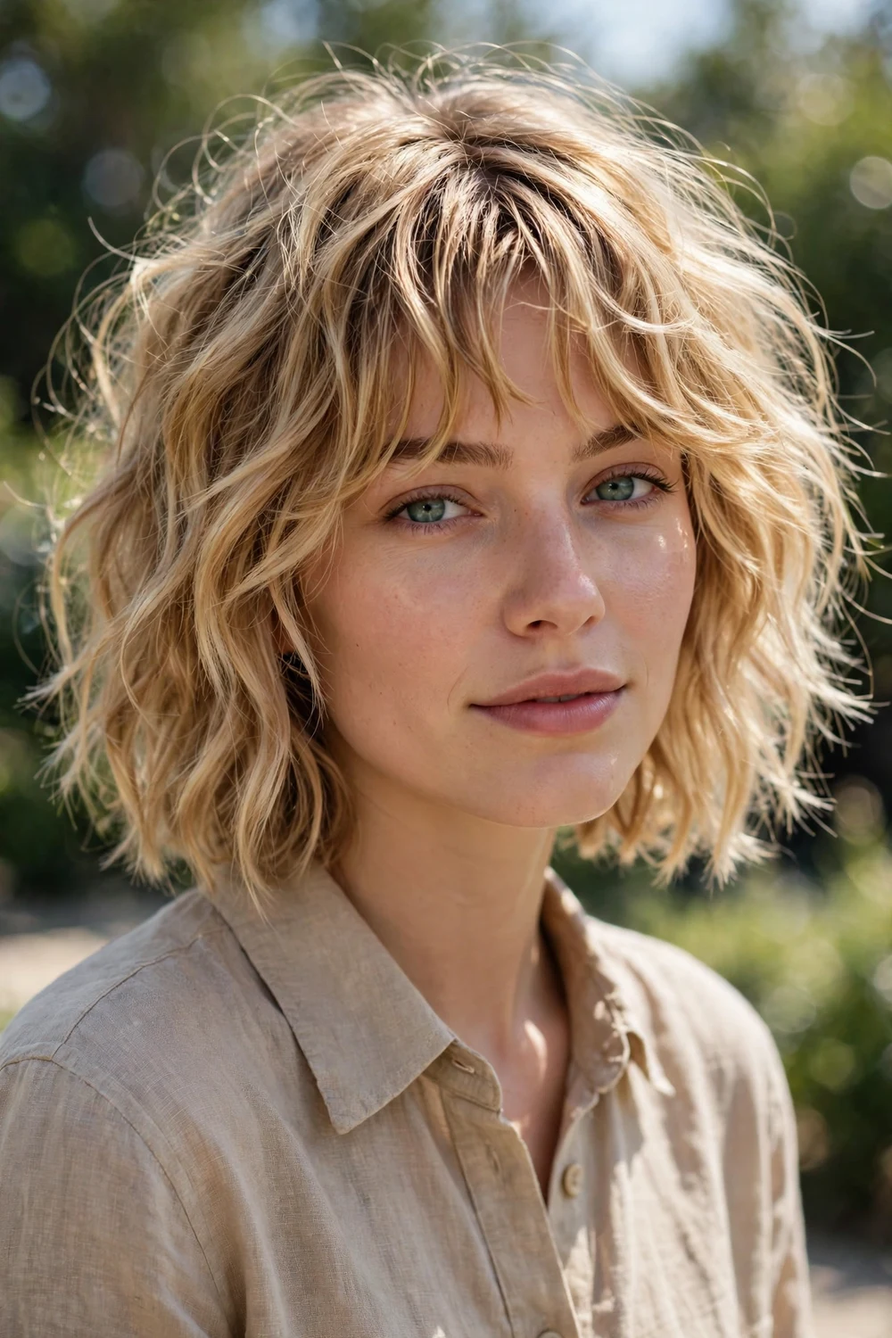 Woman with a beachy lob and piecey separated bangs