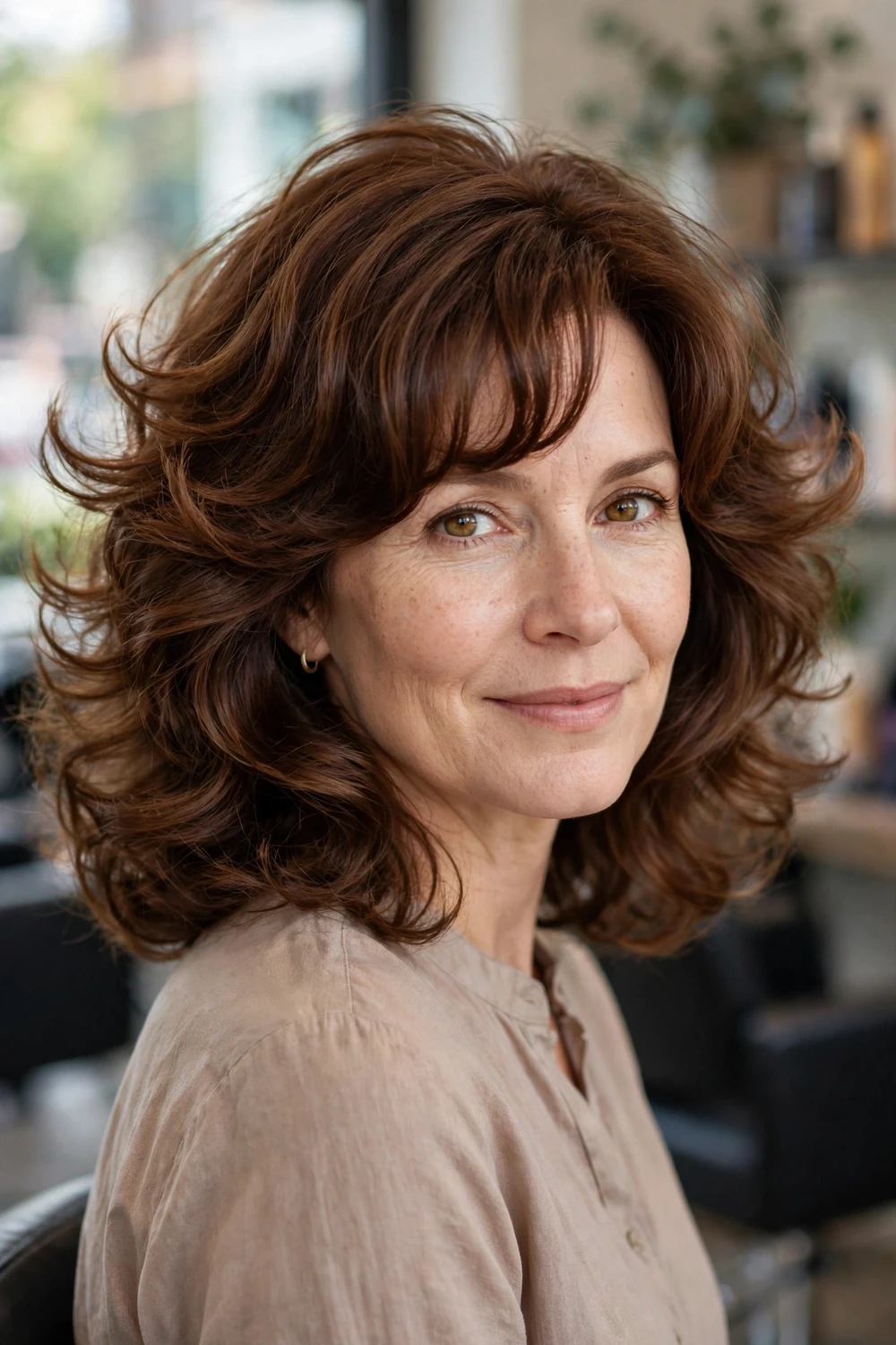 Woman with bouncy medium hair and rounded curved bangs