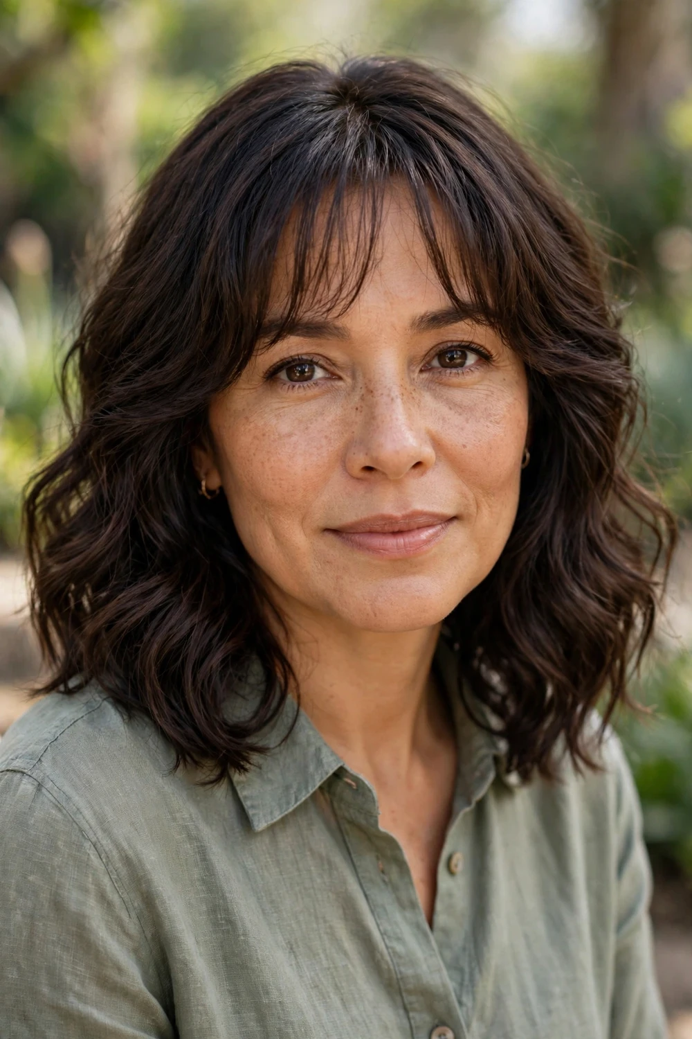 Woman with a wavy lob and sheer see-through bangs