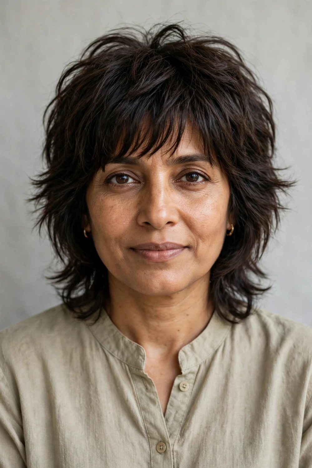 Woman with a medium wolf cut and shaggy fringe