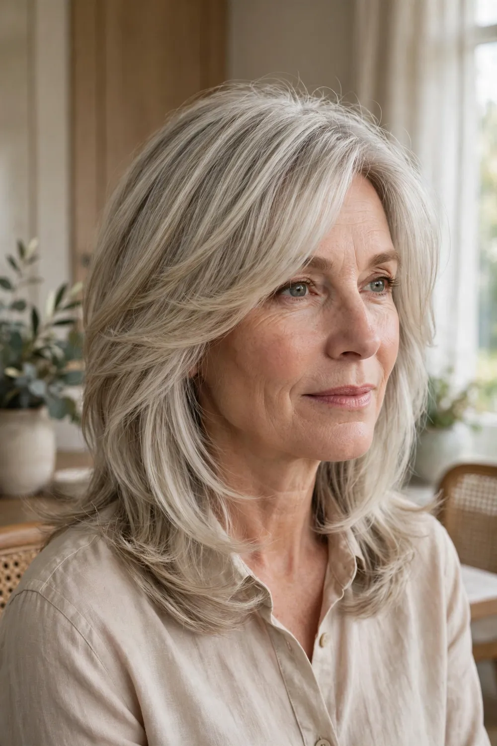 Woman with feathered medium layers and long side-swept bangs