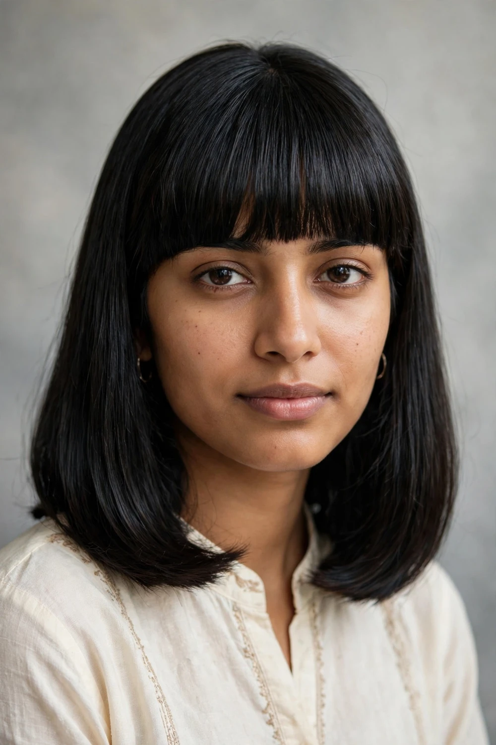 Woman with a blunt lob and thick straight-across bangs