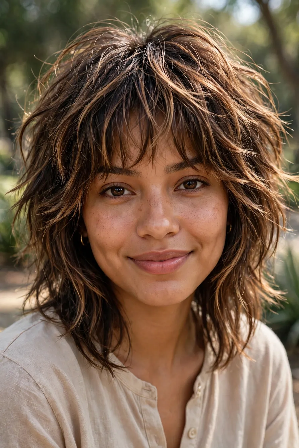 Woman with a shaggy textured lob and light wispy bangs