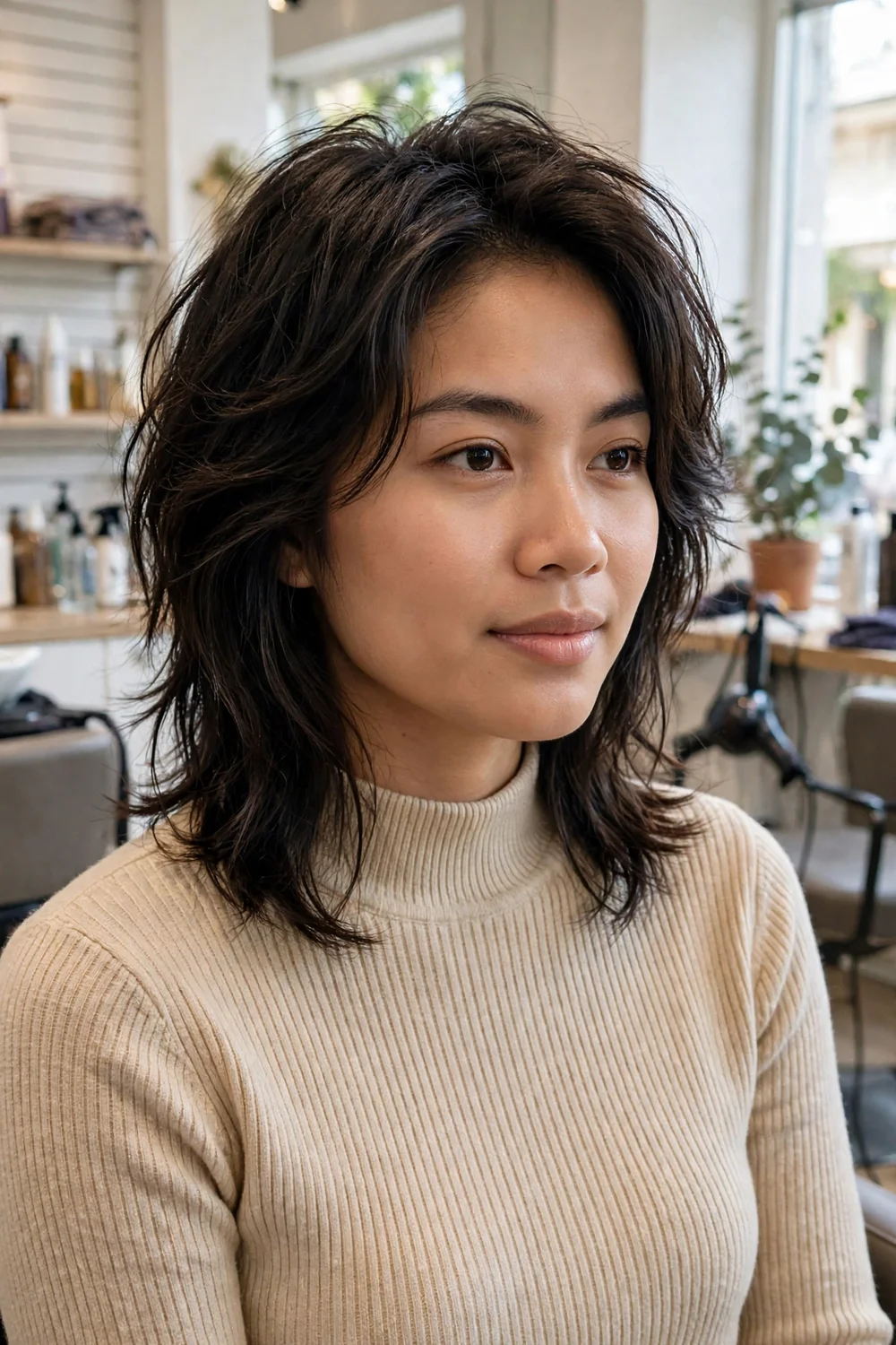 Medium-length wolf cut hairstyle with layered volume and shoulder-length texture