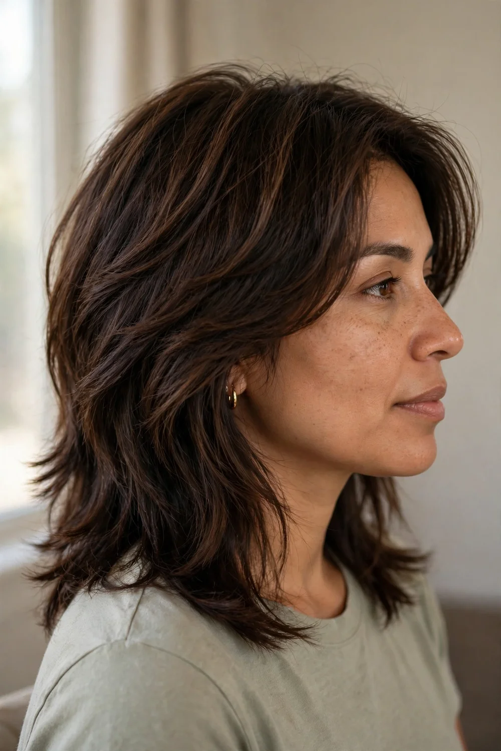 Medium-length wolf cut with balanced layers on chocolate brown hair