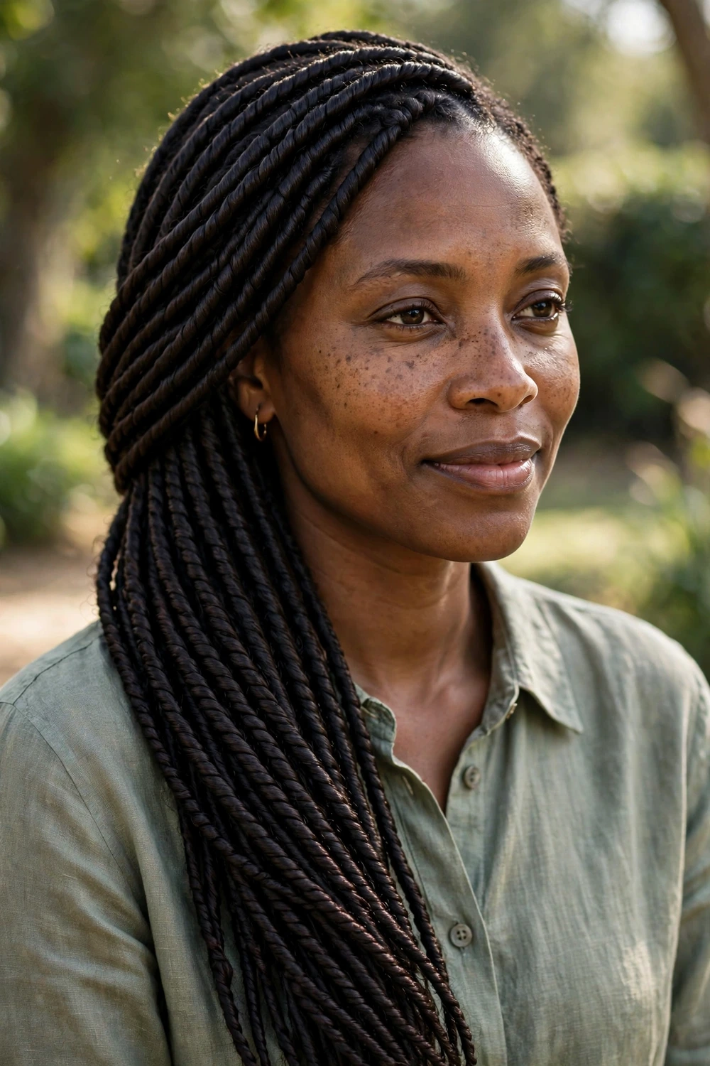 Black woman with medium-length Senegalese rope twists over one shoulder