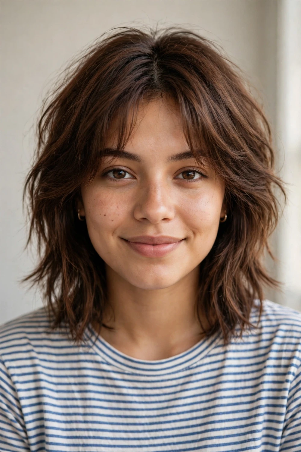 Oval-faced woman with a medium shag haircut and curtain bangs