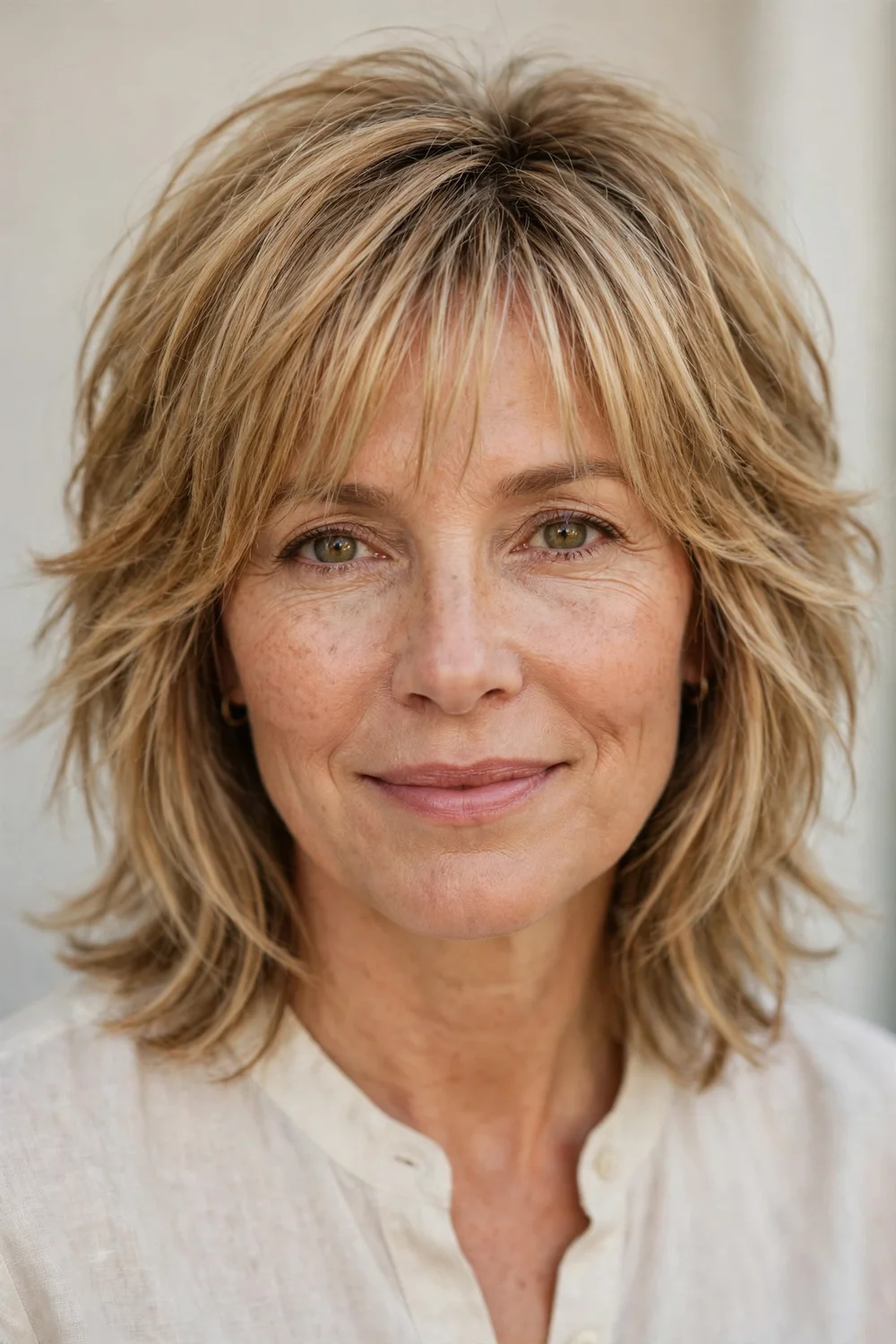 Medium length shag haircut with thin wispy bangs