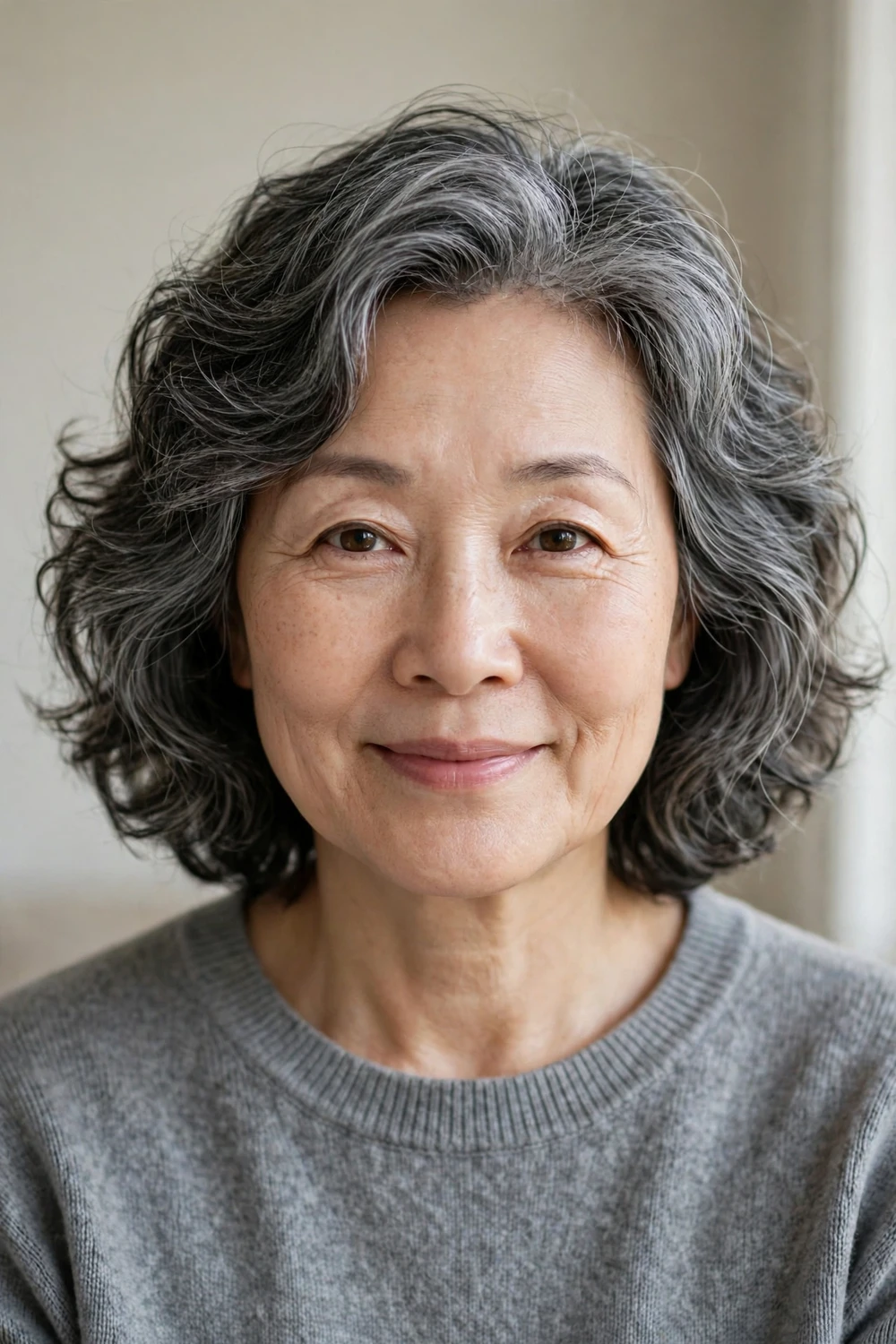 East Asian woman in her late 50s with a medium wavy haircut with soft volume in salt-and-pepper hair