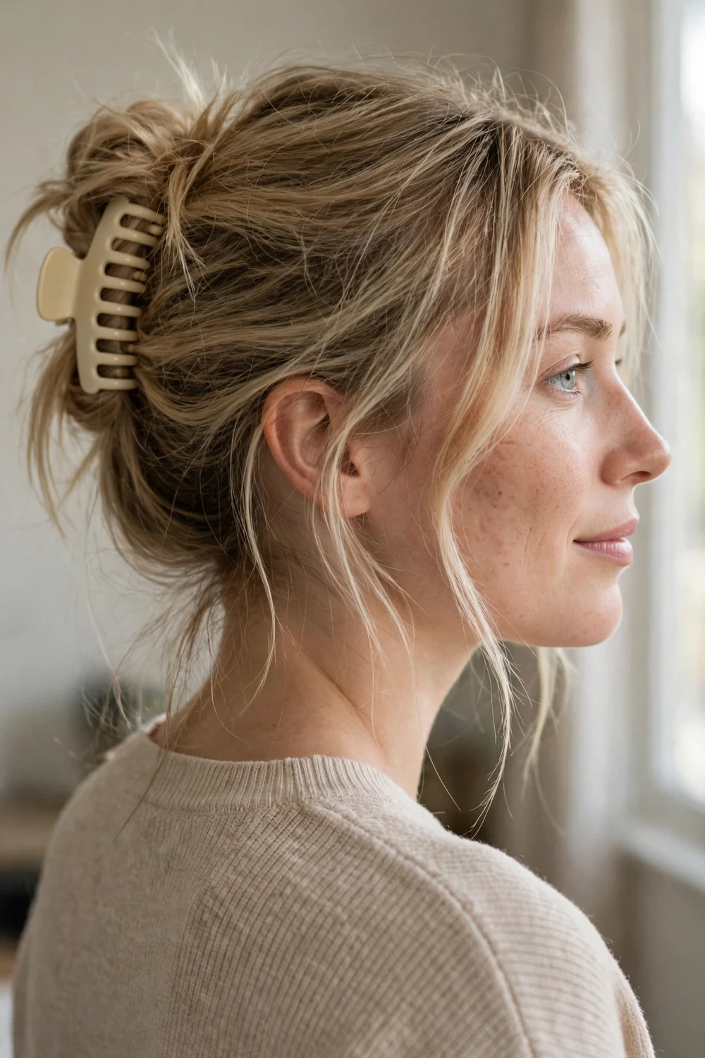 Woman with dirty blonde medium-length hair in a loose messy bun held by a medium cream claw clip