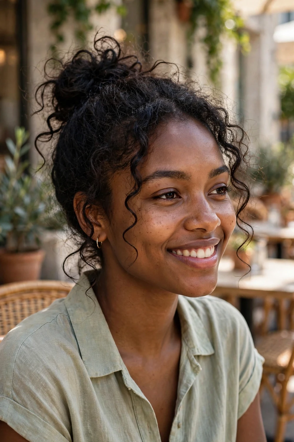 Woman with a loose messy bun on top of her head