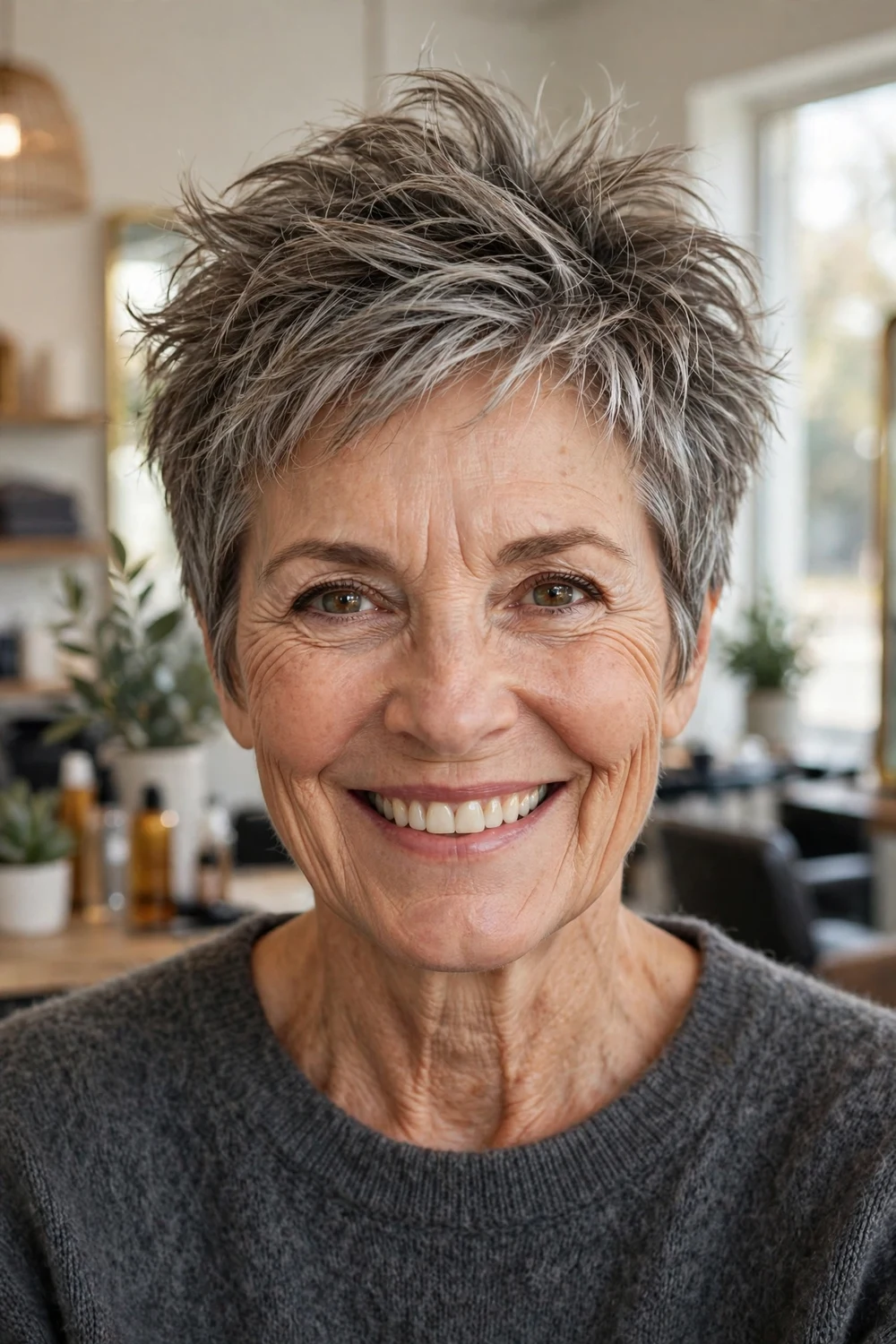 Woman over 50 with messy salt-and-pepper choppy pixie and lifted crown