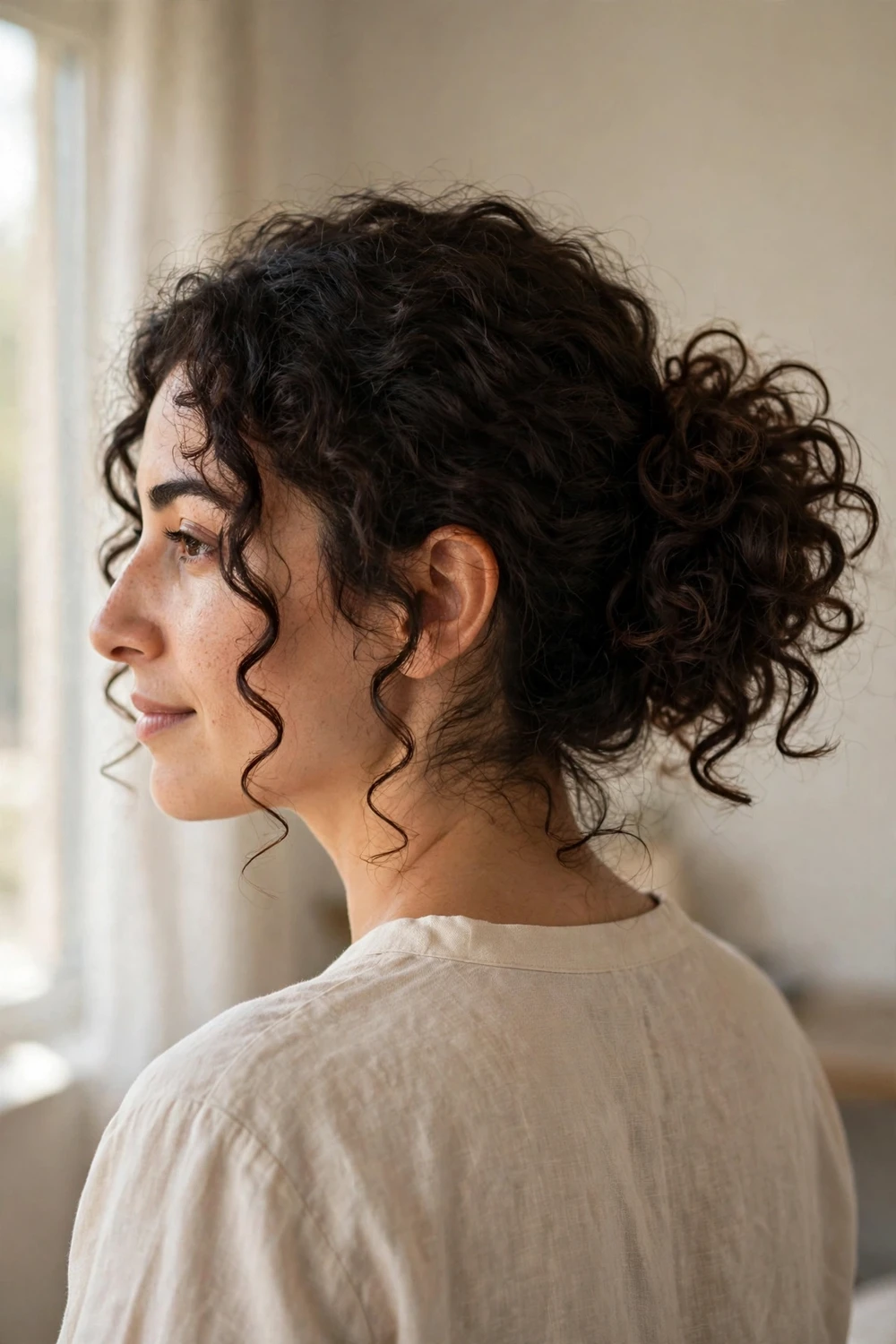 Woman with a messy curly bun on thick hair