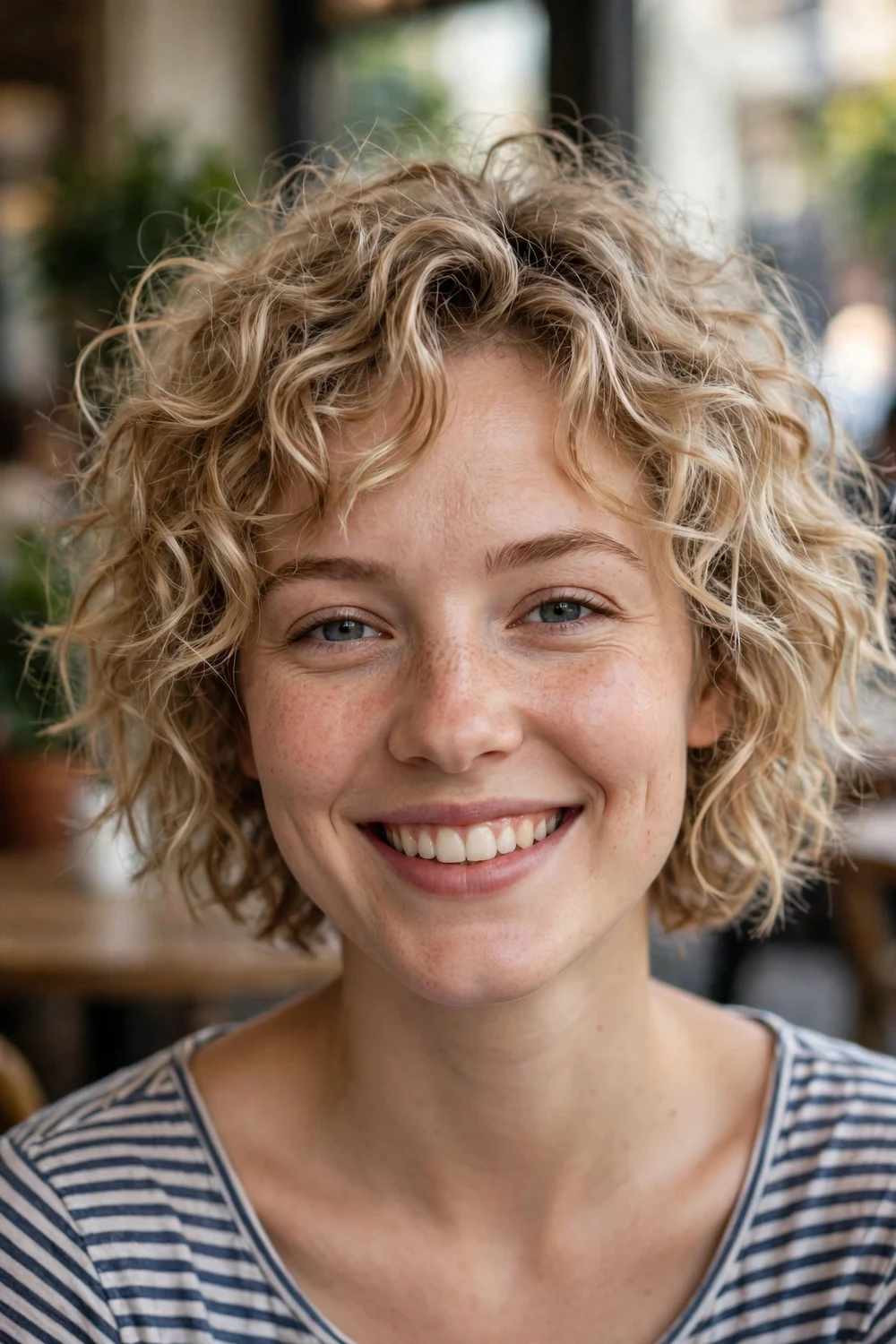 Woman with an oval face wearing a messy tousled curly lob with blonde highlights above the shoulders