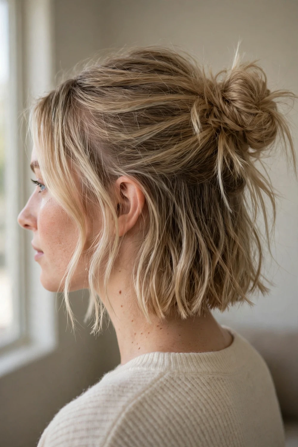 Messy half-up bun with the lower section loose on a chin length blonde bob