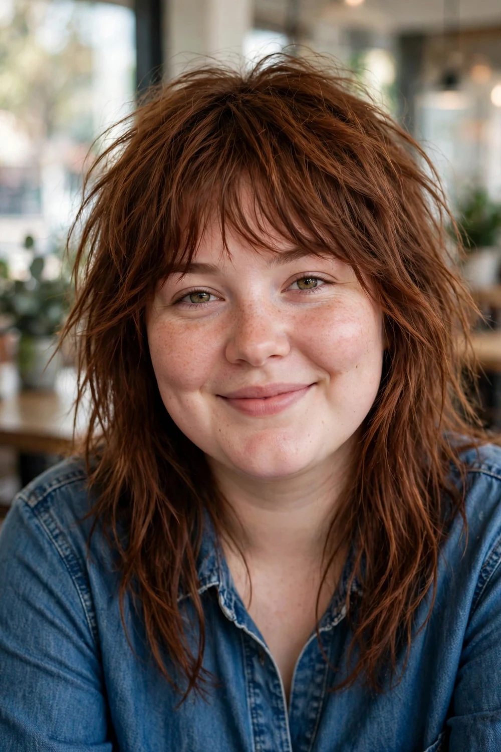Woman with a round face and a messy long shag haircut in auburn hair with tousled face-framing bangs