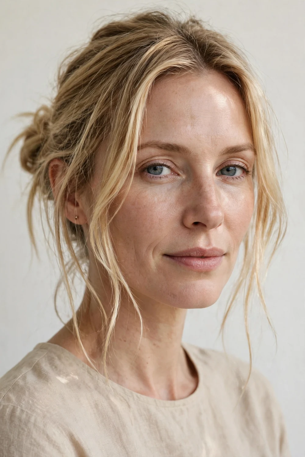 Woman in her mid thirties with an oblong face and long blonde hair in a low messy bun with loose strands