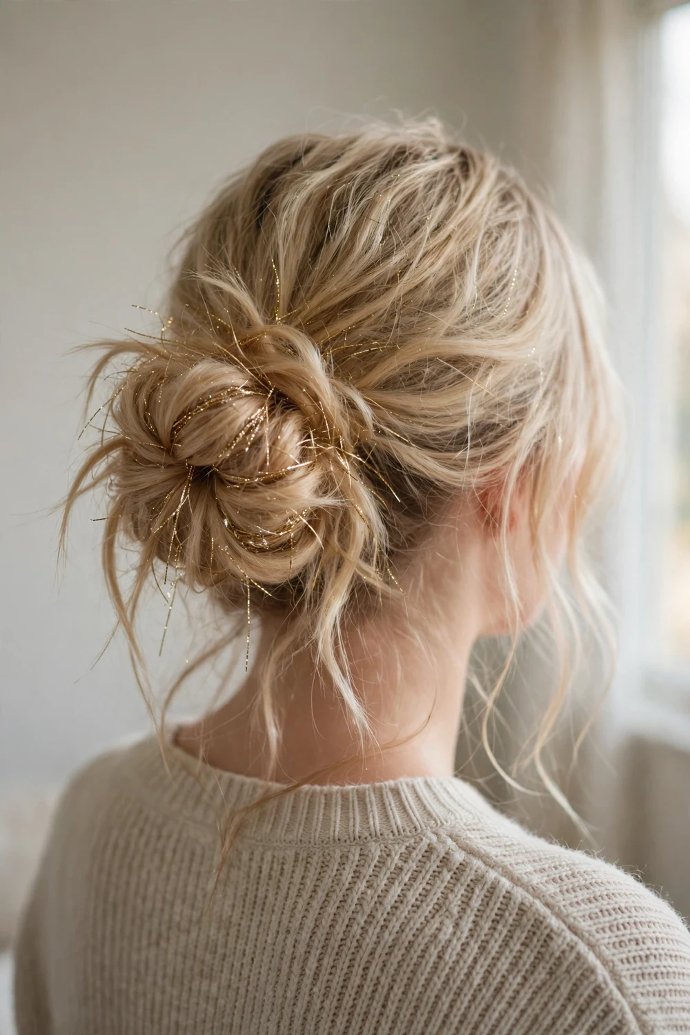 Woman with messy low bun woven with gold tinsel for Christmas long hair