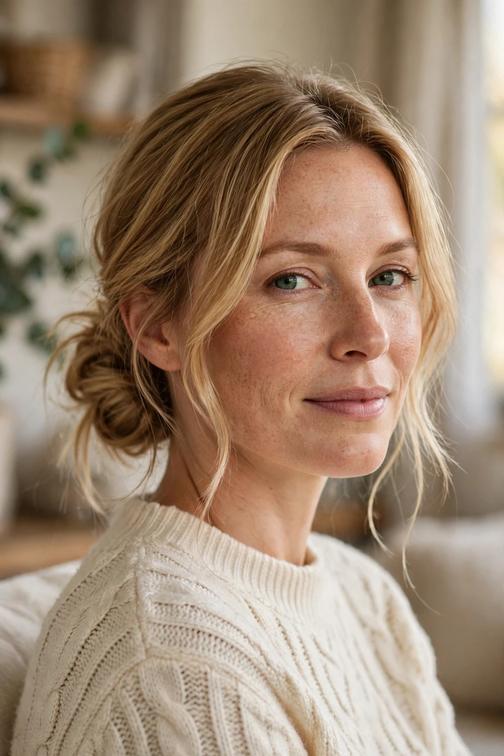 Relaxed messy low chignon on honey blonde medium hair with loose romantic face-framing strands