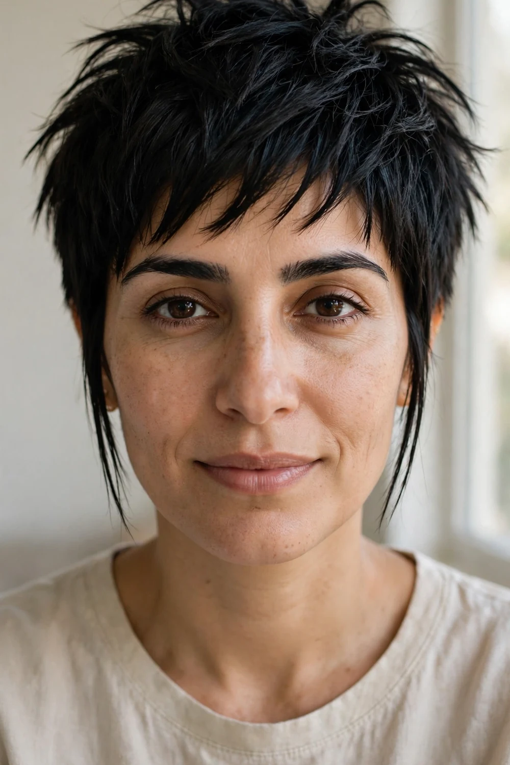 Messy pixie with straight textured layers for a round face
