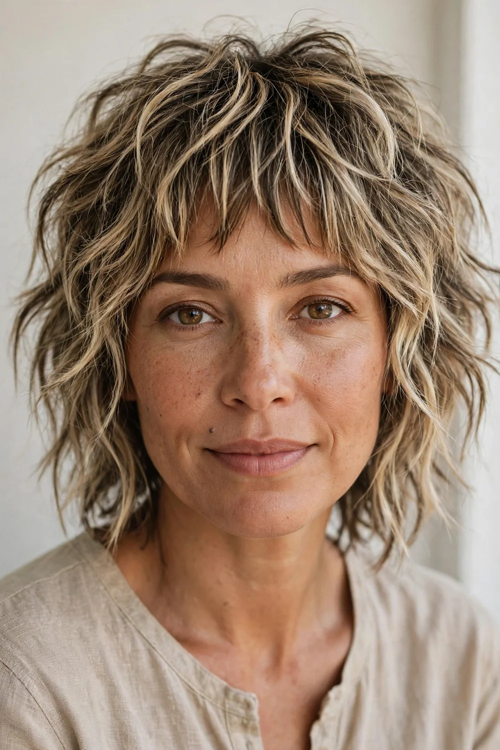 Messy textured shag haircut with choppy fringe
