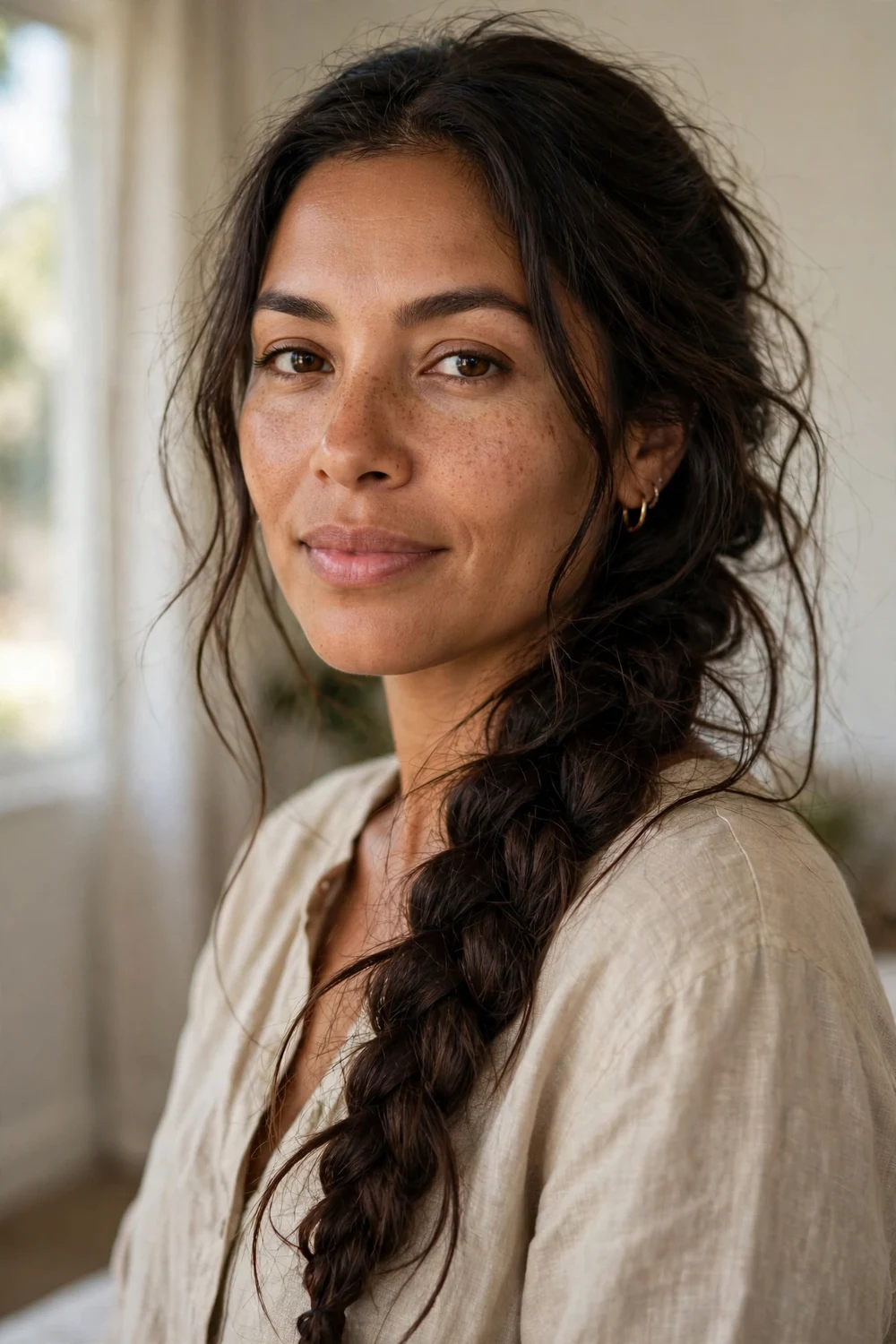 Loose messy three-strand side braid draped over one shoulder