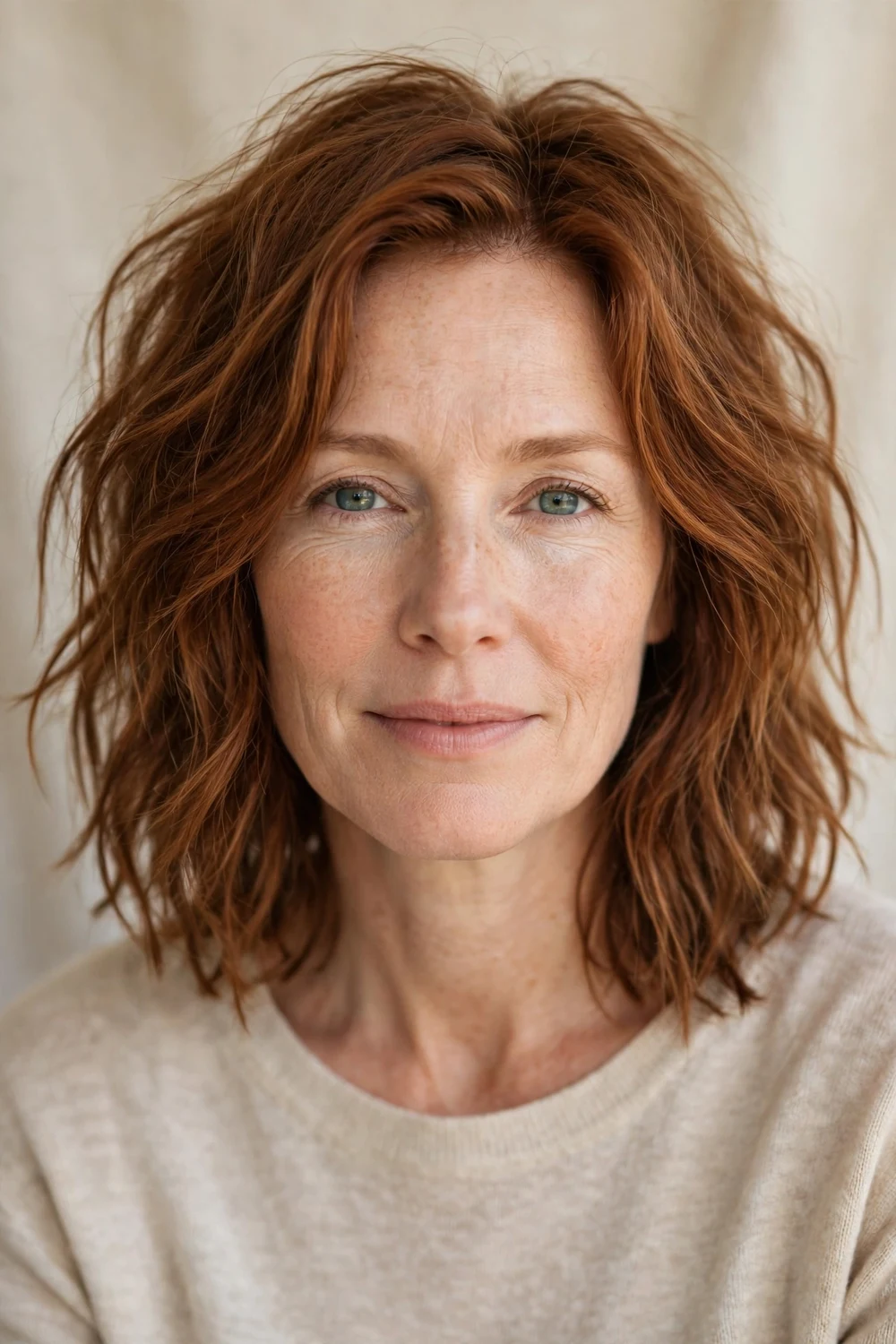 Woman with a messy textured long bob at collarbone length