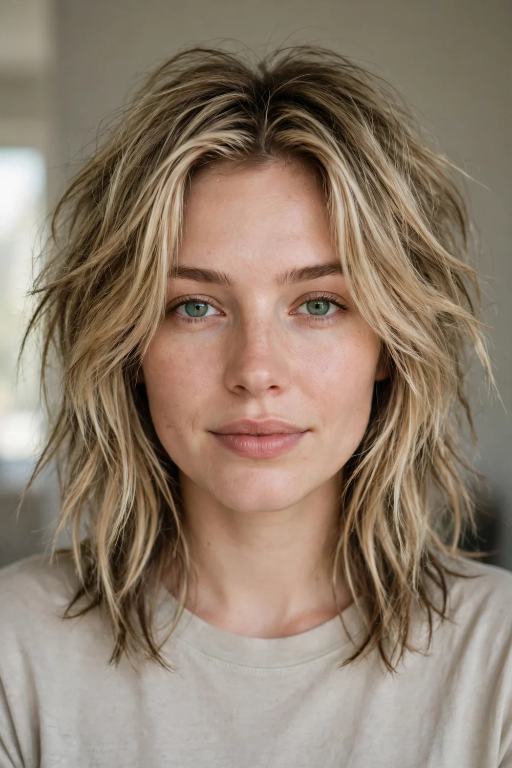 Messy-tip wolf cut with piecey undone ends on dirty blonde medium hair