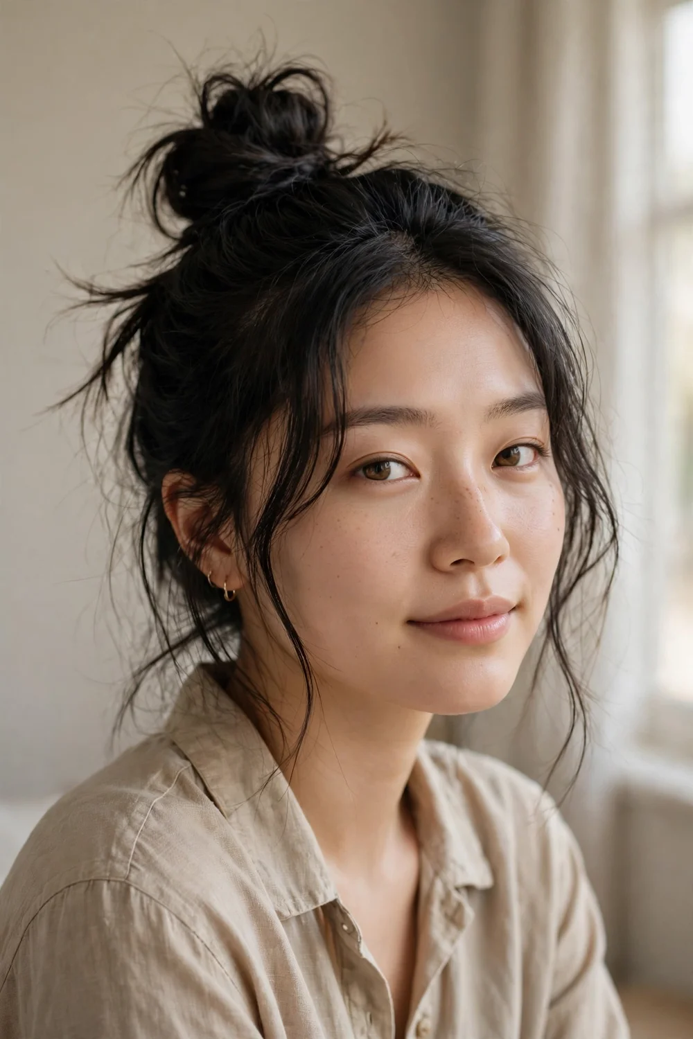 Woman with black medium-length hair in a messy top knot