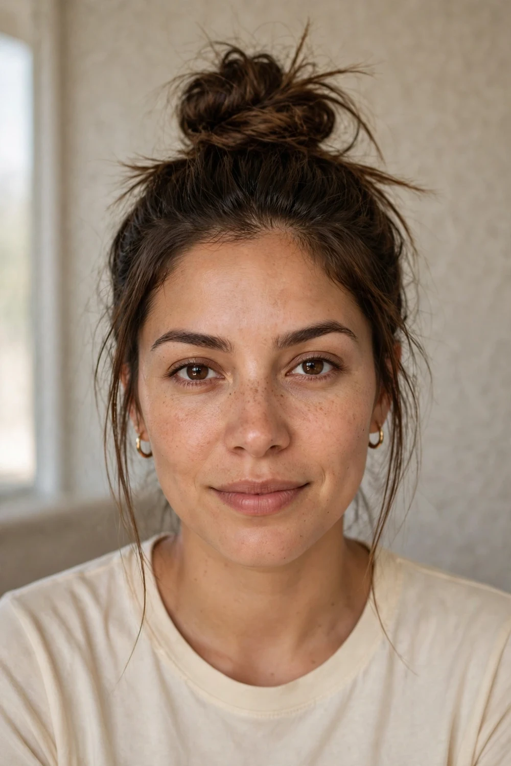 Woman with messy top knot for Christmas long hair