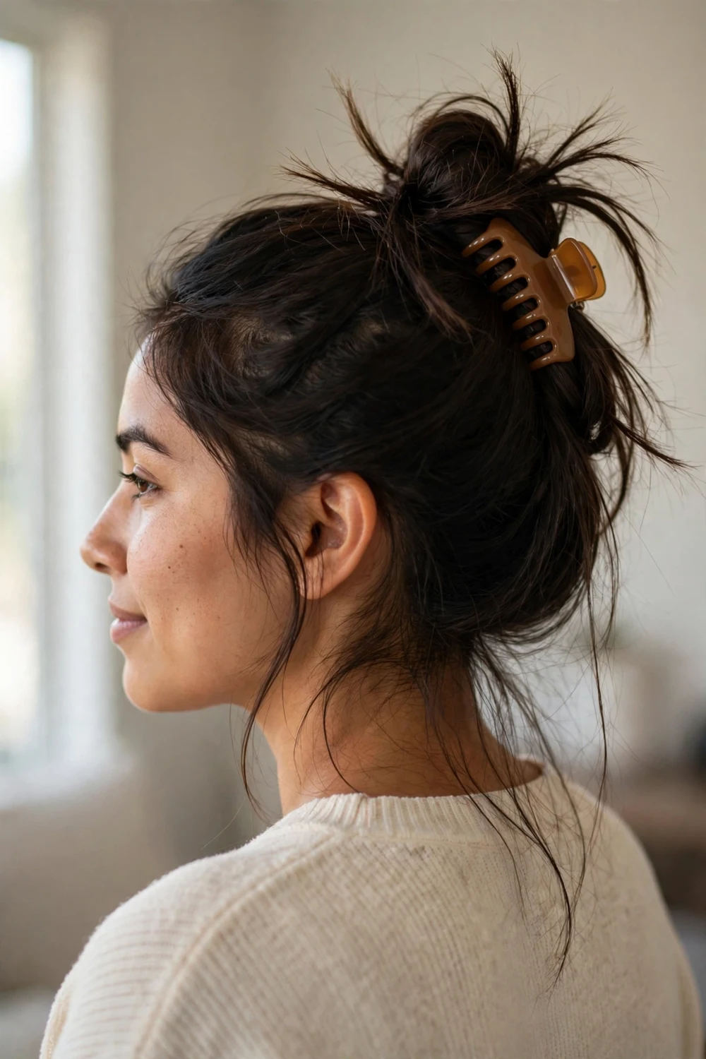Woman with dark brown long hair in a high messy top knot secured with a medium caramel claw clip