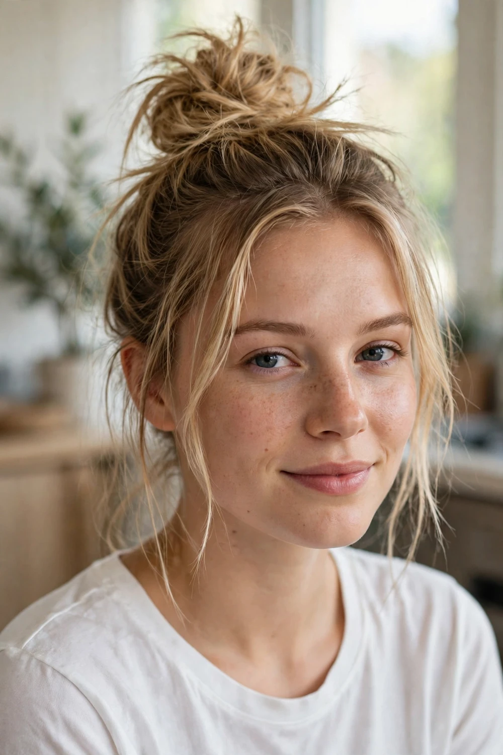 Casual messy top knot bun on medium-length dirty blonde hair