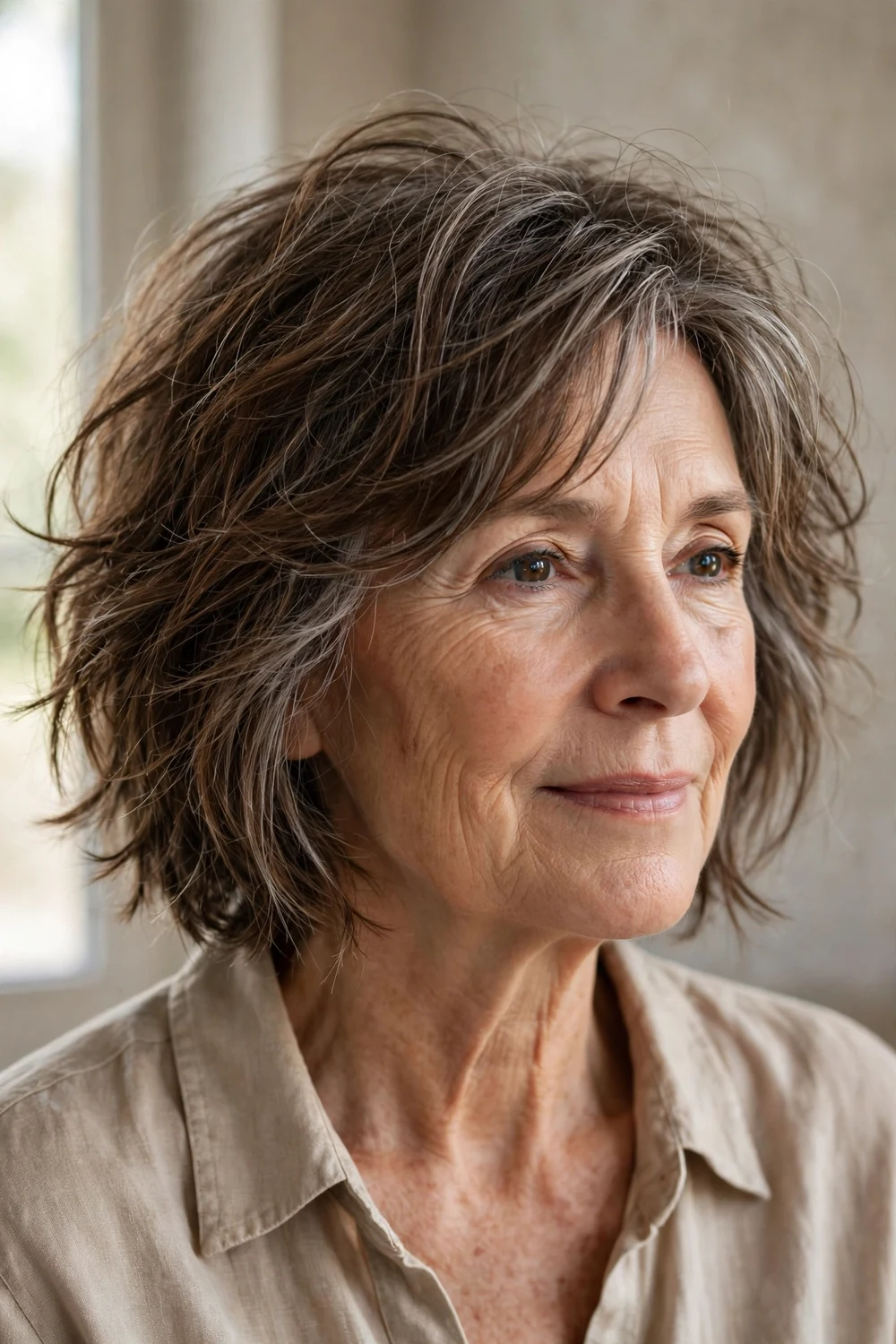 Messy tousled layered bob with undone natural texture