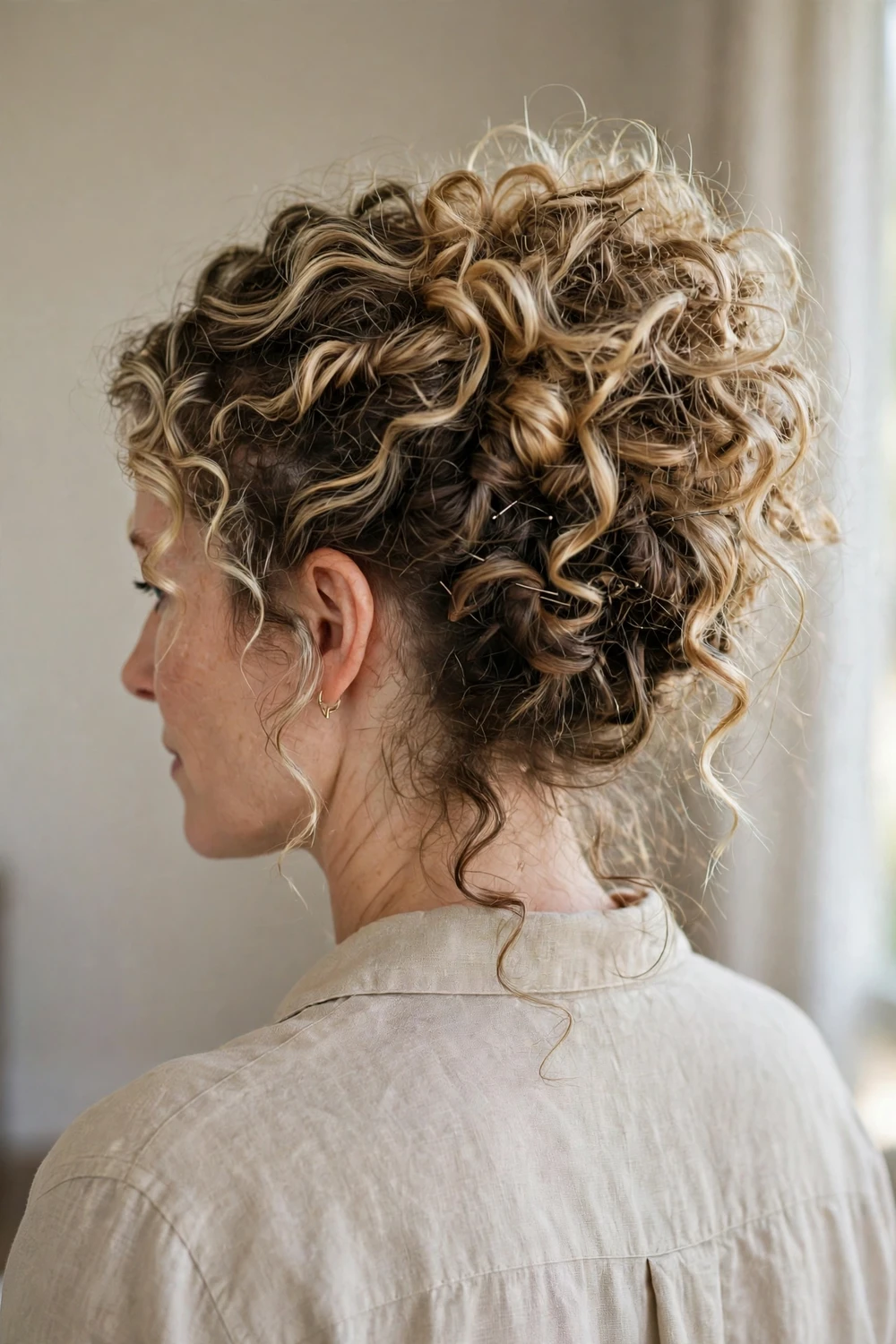 Woman with a messy updo managing thick curly hair